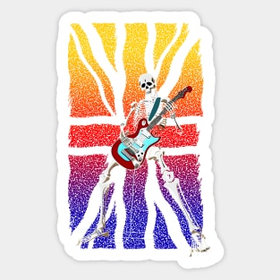 Skeleton Guitar Player, Playing Rock And Roll, Heavy Metal with UK flag in rainbow colors Sticker